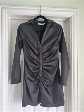 Zara Black Satin Ruched Button-Front Shirt Dress